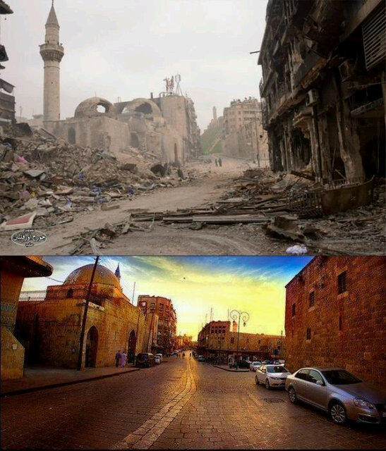 Aleppo before and after.  Souq khan al wazeer.